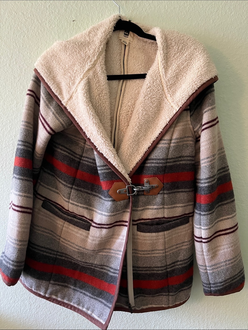 Quiksilver Cream Sherpa-Lined Hoodie with Red & Gray Trim